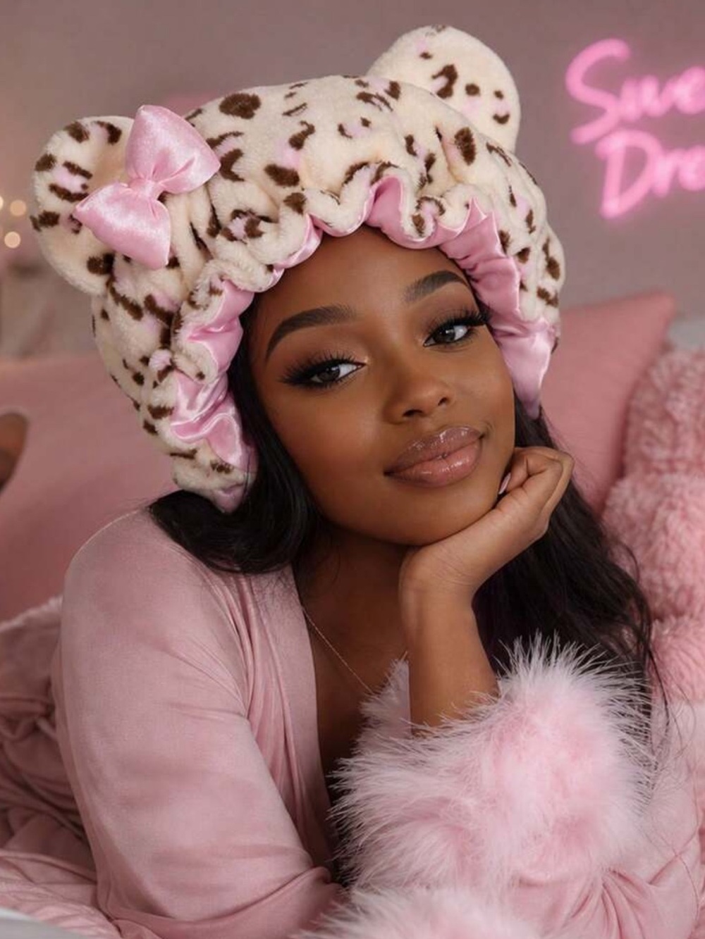 CONFLASS Leopard Print Bear Ear Satin Lined Sleep Cap, Cute Pink Bow Fleece Head
